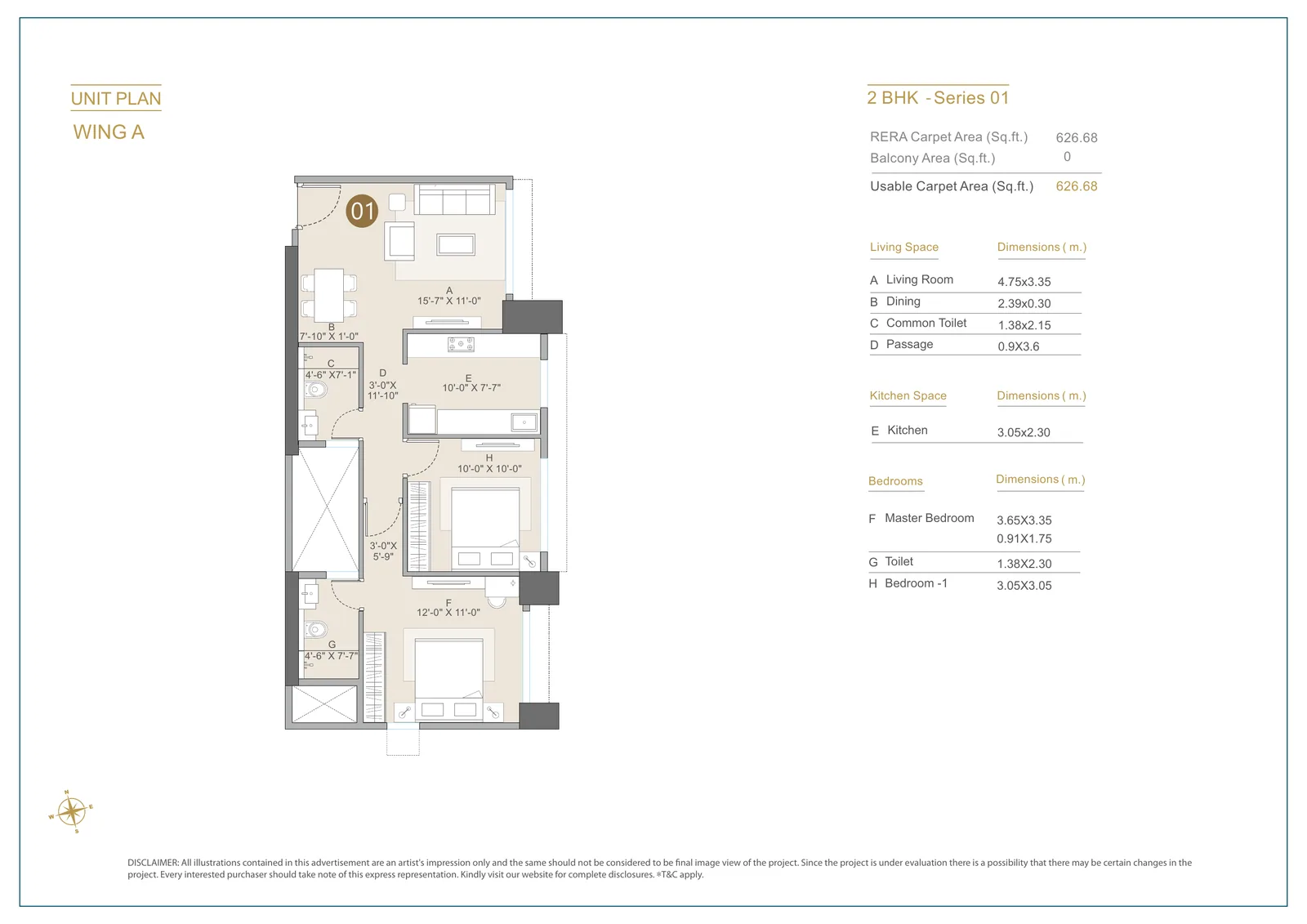 Vivere 2 BHK unit plan Wing A Series 01