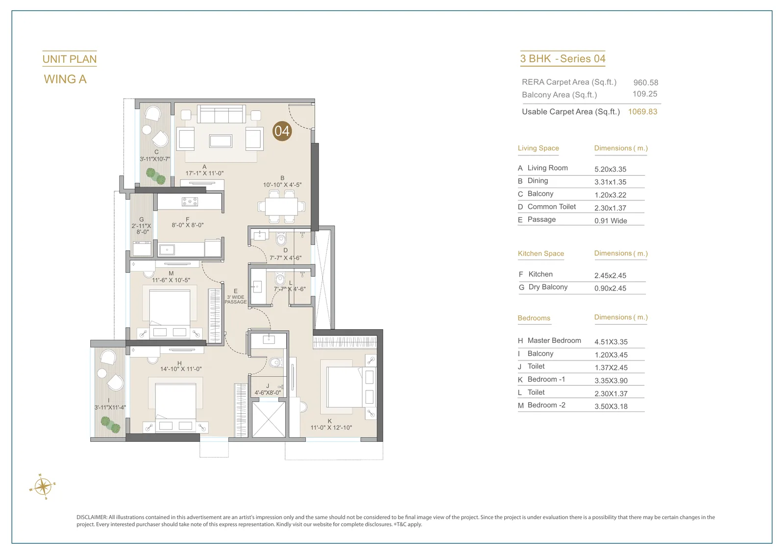 Vivere 3 BHK Wing A Series 04 unit plan
