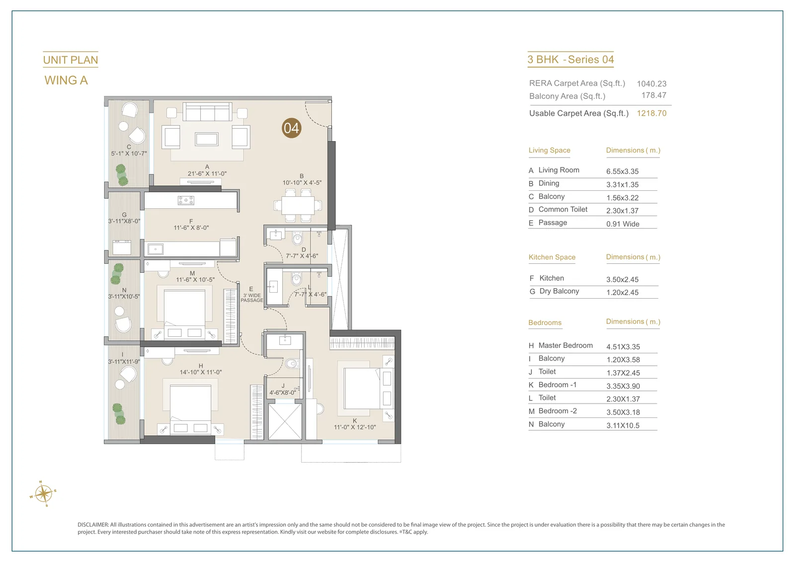 Vivere 3 BHK unit plan Wing A Series 04 approx 1218 sqft