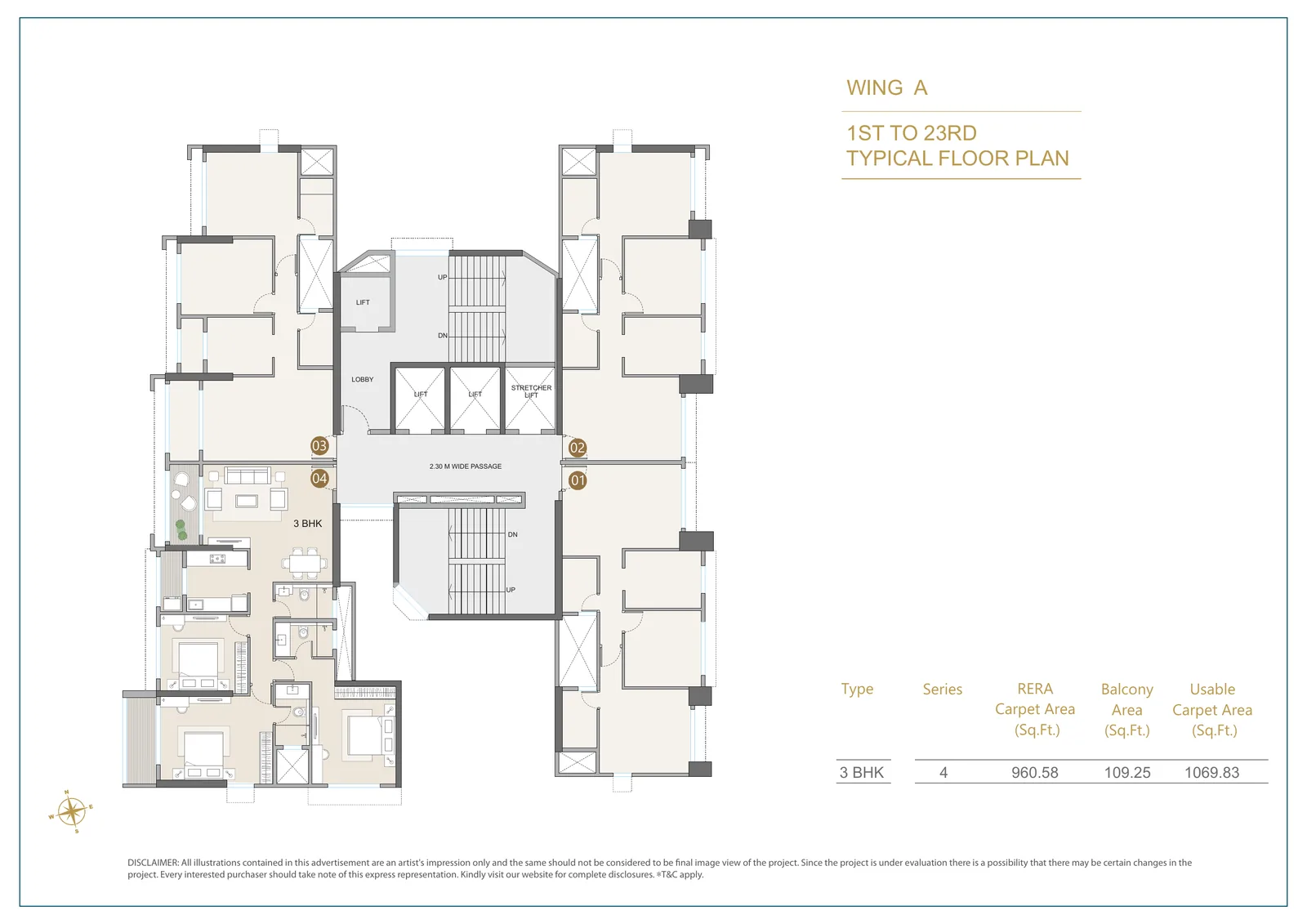 Vivere Wing A typical floor plan from 1st to 23rd floor